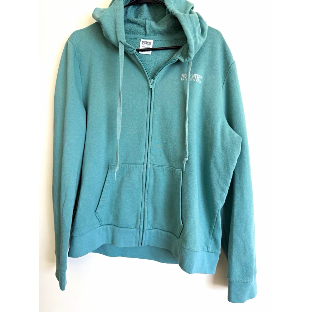 PINK Victoria's Secret Green Full Zip Fleece Hoodie w/ Pockets Women's XL